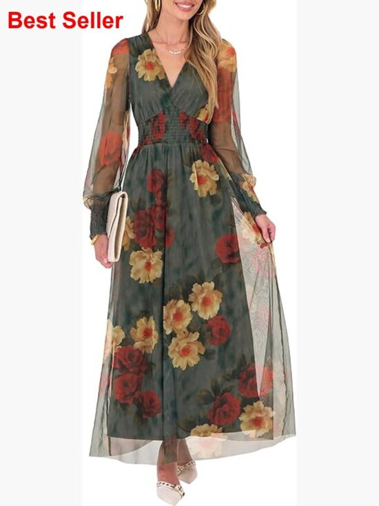 Dresses & Skirts - Floral Maxi Dress with Puff Sleeves, V-Neck, 100% Polyester